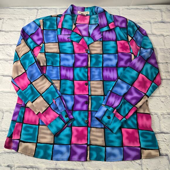 VTG Notations Blouse Shacket Multicolored Liquid Checkered Button Front Size Lrg - Picture 8 of 15